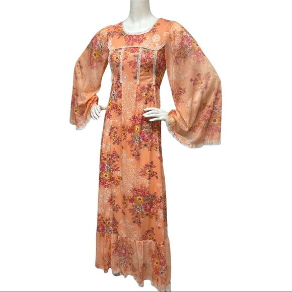 Vintage 70s Peach Floral Lace Trim Maxi Dress Goddess Cottage Core Gown XS S 2 4 - Picture 8 of 16
